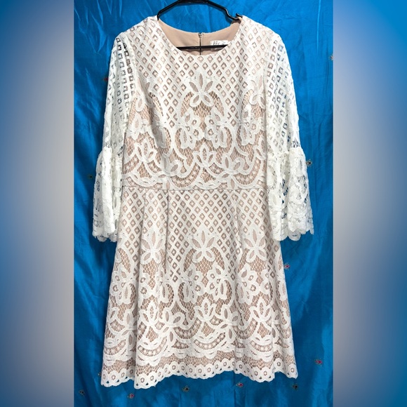Eliza J Dresses & Skirts - Eliza J Cream lace overlay 3/4 bell sleeve fit & flare mini dress women’s 14
